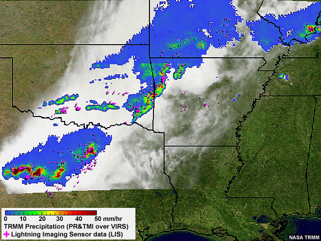 TRMM infrared observations of a storm complex on May 14, 2005 showing satellite-derived reflectivity and lightning strikes.