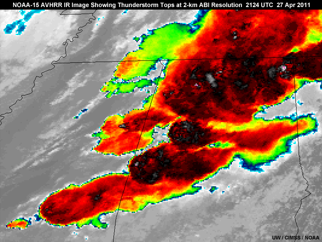 NOAA-15 AVHRR IR image showing thunderstorm tops at the GOES-R ABI 2-km IR resolution, taken at 2124 UTC, on April 27, 2011
