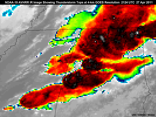 NOAA-15 AVHRR IR image showing thunderstorm tops at the GOES (8-15) 4km IR resolution taken at 2124 UTC, on April 27, 2011.