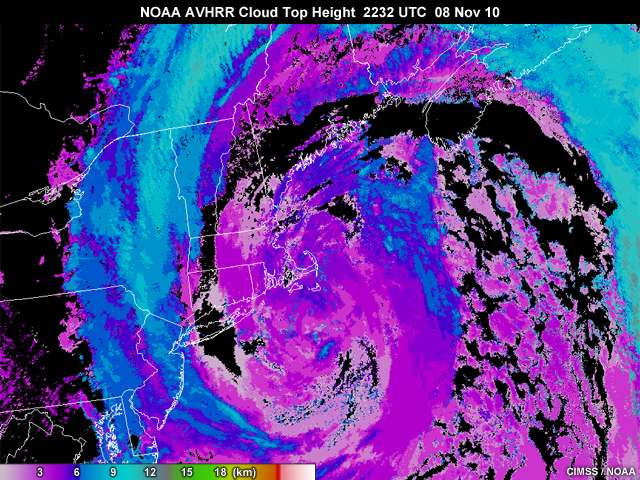 A northeast U.S. coastal storm as seen with a cloud top height product produced from the NOAA AVHRR at 22:32 UTC on 8 November, 2010.