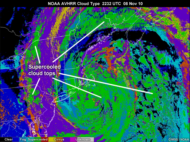 A northeast U.S. coastal storm as seen with a cloud type product produced from the NOAA AVHRR at 22:32 UTC on 8 November, 2010.