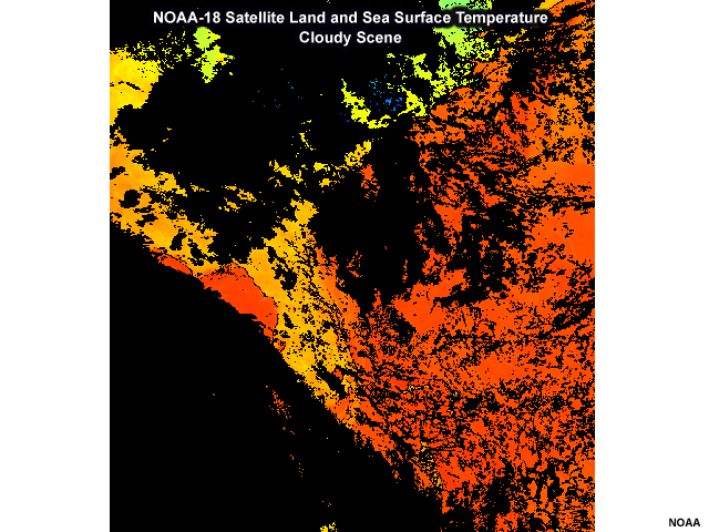 Southeast U.S. view of sea surface temperatures from NOAA-18 AVHRR.  The scene is contaminated with cloud cover, leaving only a small area of the image to contain sea surface temperatures.