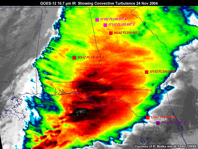 GOES-12 10.7 micrometer IR image showing convective turbulence on 24 Nov 2004.