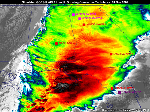 Simulated GOES-R ABI 11 micrometer IR image showing convective turbulence on 24 Nov 2004.
