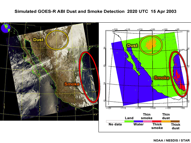 On the left, an Aqua MODIS rue color image showing indications of dust and smoke over portions of Mexico on April 15, 2003 at approximately 20:20 UTC. On the right, the results of the dust test where pixels flagged as dusty are colored orange and those flagged as smokey are colord red.