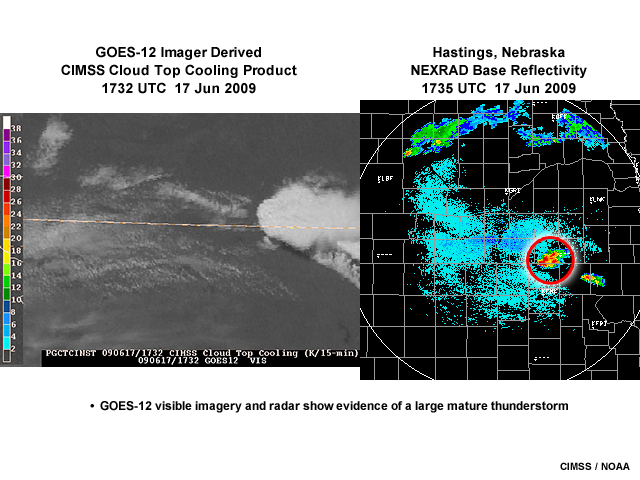 The third in a series of three 2-panel images showing the CIMSS GOES satellite-based cloud top cooling (CTC) product vs. NEXRAD radar reflectivities for thunderstorms forming along the Kansas-Nebraska border from 1545 to 1732 UTC on June 17, 2009.
