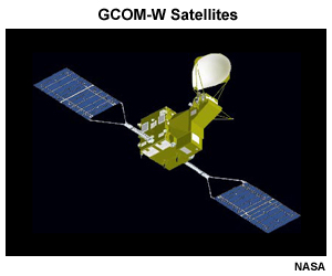 Illustration of a GCOM-W satellite.  Three are planned for the series, each with a slightly different instrument configuration.