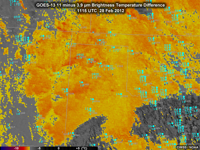 GOES-13 11 minus 3.9 micrometer brightness temperature difference image from 1115 UTC 28 February, 2012.