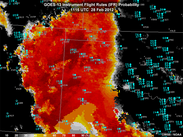 GOES-13 based product showing derived instrument flight rules probability information for 1115 UTC 28 February, 2012.