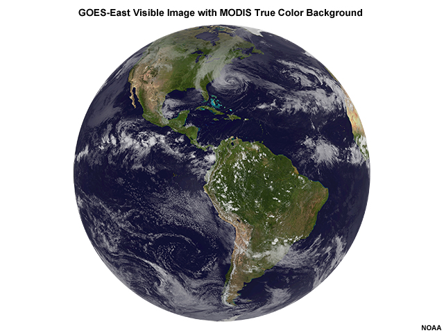 A GOES-East full disk visible image superimposed on a MODIS true-color background.