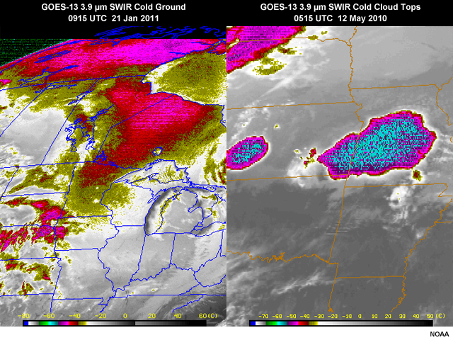 Two GOES-13 3.9 micrometer images used to show pixel noise in current GOES imagery; one image is from 21 Jan 2011 showing cold ground and the other shows cold thunderstorm cloud tops on 12 May 2010.