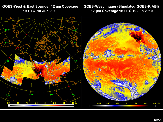 2 images, one showing GOES-West & East Sounder 12 µm Coverage from 19 UTC  18 Jun 2010, the other GOES-West Imager (Simulated GOES-R ABI) 12 µm Coverage from 18 UTC 19 Jun 2010
