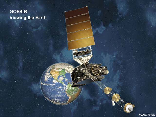 Artistic rendering of the GOES-R satellite viewing the Earth 