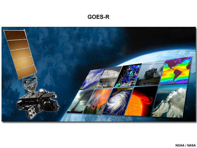 Artist rendering of the GOES-R satellite flying above Earth with images overlaid of features and phenomena that it will be used to monitor.