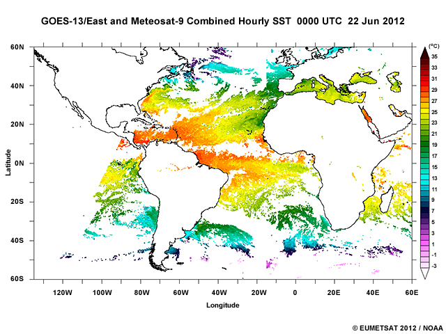Meteosat-9 and GOES-13 (GOES-East) combined hourly sea surface temperature image highlighting Atlantic Ocean coverage at 00:00 UTC on June 22, 2012.
