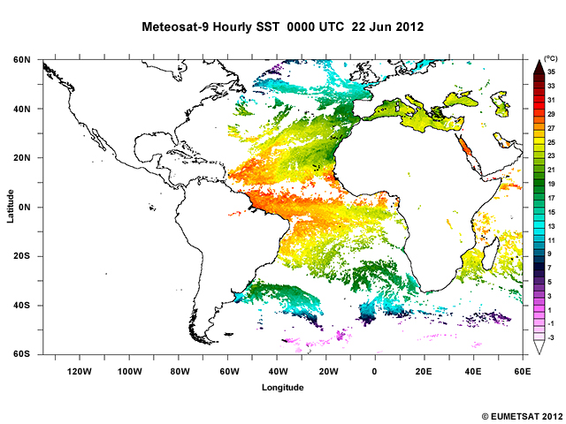 Meteosat-9 hourly sea surface temperature image highlighting Atlantic Ocean coverage at 00:00 UTC on June 22, 2012.