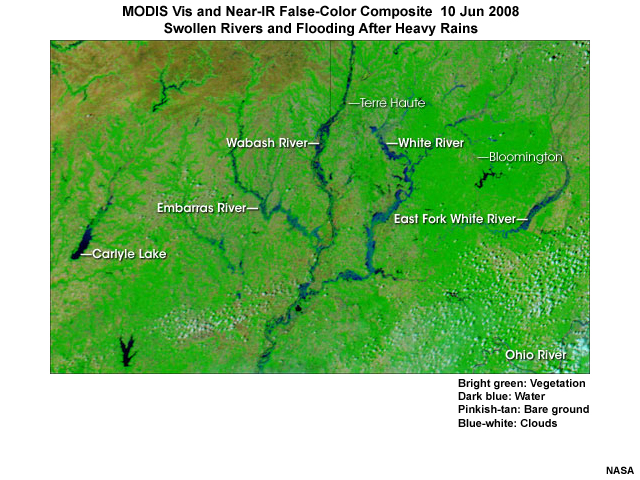MODIS visible and infrared false-color composite image highlighting swollen rivers in the Illinois and Indiana region of the U.S. Midwest on 10 Jun 2008 following heavy rains during the 100-year flooding event of June 2008.