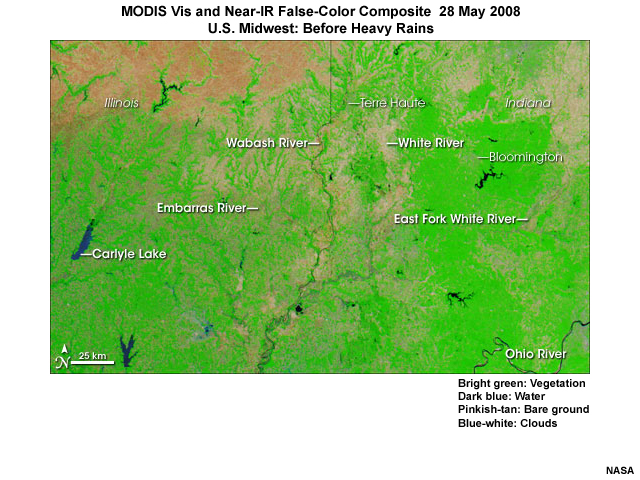 MODIS visible and infrared false-color composite image highlighting rivers in the Illinois and Indiana region of the U.S. Midwest on 28 May 2008 before the 100-year flooding event of June 2008.