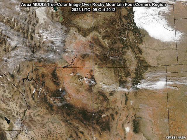A MODIS true-color composite image taken by NASA's Aqua satellite highlighting land features in the Four Corners region of the U.S. Rocky Mountain west at 2023 UTC on 9 October, 2012.