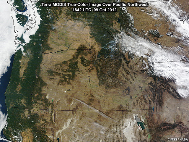 A MODIS true-color composite image taken by NASA's Terra satellite highlighting land features in the Pacific Northwest region of the U.S. at 1842 UTC on 9 October, 2012.