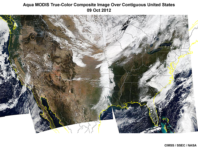 A MODIS true-color composite image taken by NASA's Aqua satellite highlighting land features across the contiguous United States during early afternoon local time on 9 October, 2012.