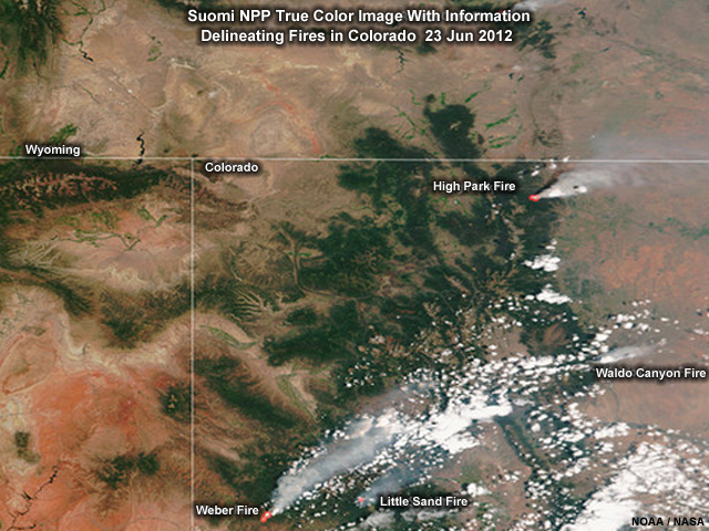 Suomi NPP true color image with information delineating fires in Colorado on 23 June 2012