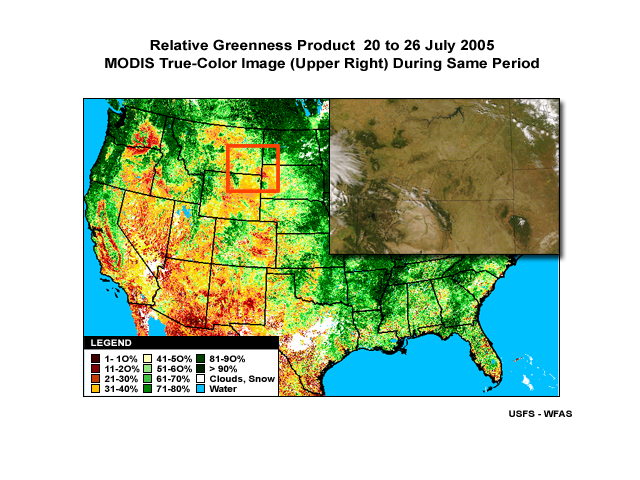 Relative Greenness Product (compared against average conditions) for 20 to 26 July 2005 with true-color MODIS image overlay.