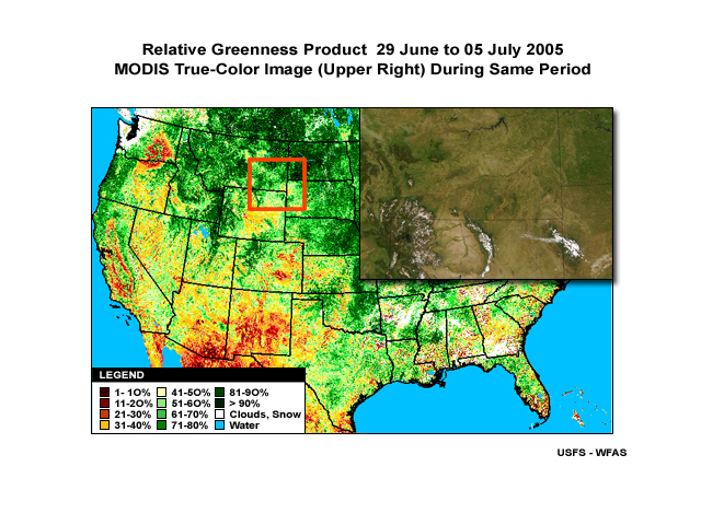 Relative Greeness Product (compared against average conditions) for 29 June to 5 July 2005 with true-color MODIS image overlay.