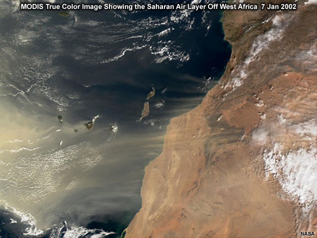 MODIS true color image showing the Saharan air layer off West Africa on 7 Jan 2002