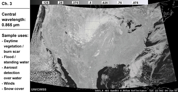 Simulated image of ABI Ch 3 with information about its wavelength and sample uses