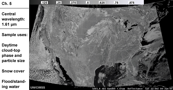 Simulated image of ABI Ch 5 with information about its wavelength and sample uses
