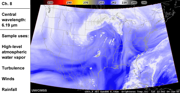 Simulated image of ABI Ch 8 with information about its wavelength and sample uses