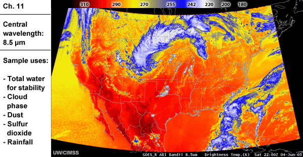 Simulated image of ABI Ch 11 with information about its wavelength and sample uses