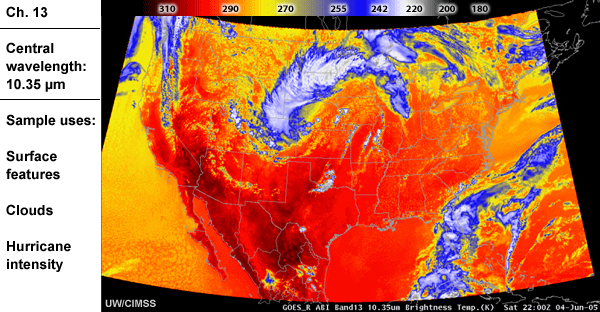 Simulated image of ABI Ch 13 with information about its wavelength and sample uses