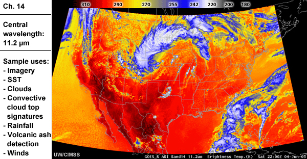 Simulated image of ABI Ch 14 with information about its wavelength and sample uses
