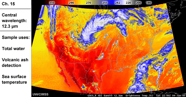 Simulated image of ABI Ch 15 with information about its wavelength and sample uses