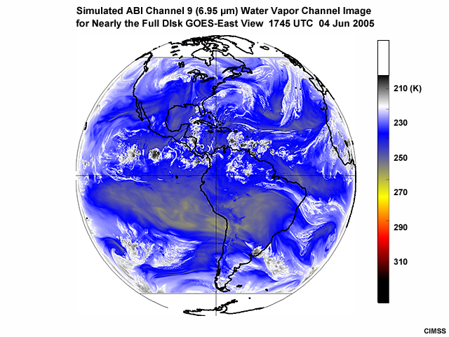 Simulated GOES-R ABI water vapor infrared 6.95 micrometer (channel 9) image for the full Earth disk derived from the WRF numerical weather prediction model at 1745 UTC on June 4, 2005.