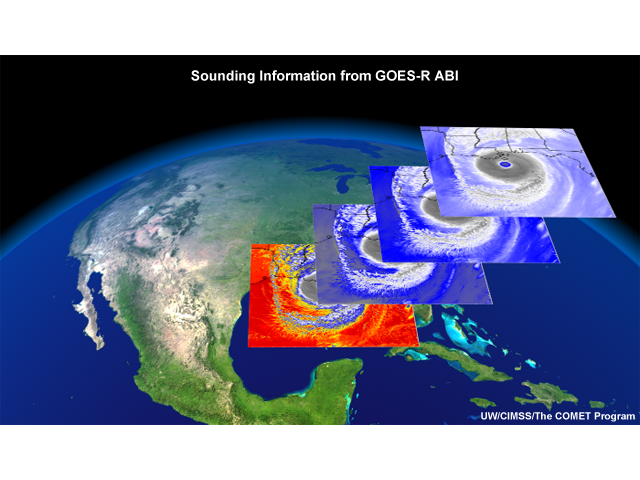 Simulated GOES-R Advanced Baseline Imager (ABI) imagery of hurricane Katrina as it is making landfall in southeast Louisiana. Four images are shown stacked on top of each other (as viewed from a 45° angle to the earths surface.  Each one of these images represents at which level the ABI would be seeing these data.  From bottom to top, the surface image is made with the shortwave infrared image, then the next three images are different water vapor images at different altitudes.  These are the only channels that will be used to make soundings in the future with the ABI.  The rest of the data will be interpolated from NWP output.