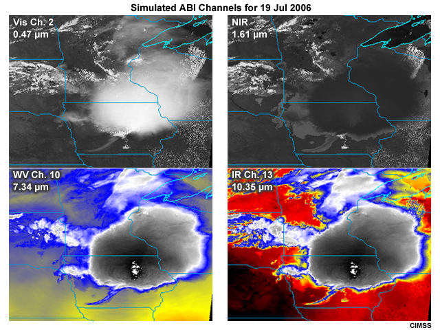 Simulated Advanced Baseline Imager (ABI) 0.64 micrometer (ch. 2) visible channel,  1.61 micrometer (ch. 5) shortwave infrared, 7.34 micrometer (ch. 10) water vapor, and 10.35 micrometer (ch. 13) longwave infrared channel images showing a large thunderstorm over northern Iowa on the afternoon of July 19, 2006.