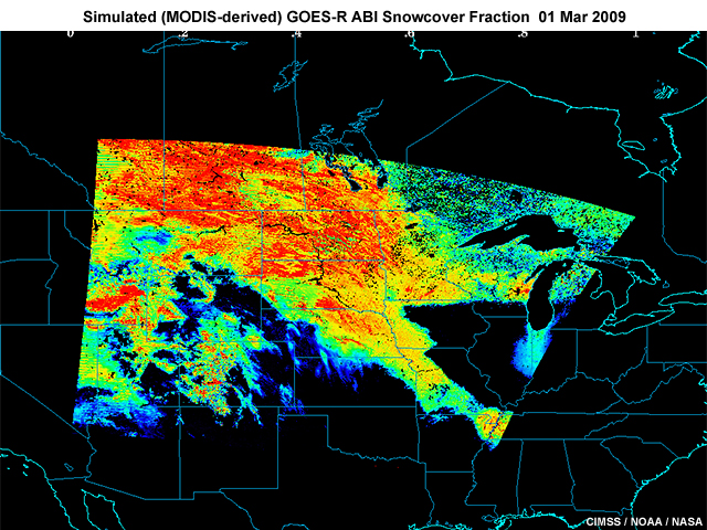 A simulated GOES-R ABI Snowcover Fraction product derived from MODIS data for March 1, 2009.