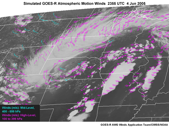First of three simulated GOES-R atmospheric motion wind vectors over the mid-west from 2355 4 June 2005 to 0005 5 June 2005.