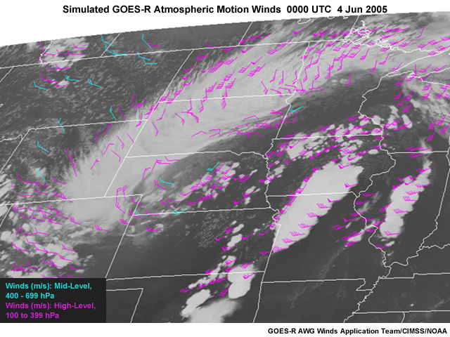Second of three simulated GOES-R atmospheric motion wind vectors over the mid-west from 2355 4 June 2005 to 0005 5 June 2005.