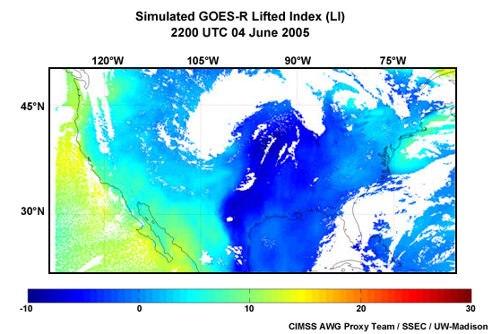 A simulated GOES-R ABI derived LI (Lifted Index) stability index product for 2200 UTC 04 June 2005.
