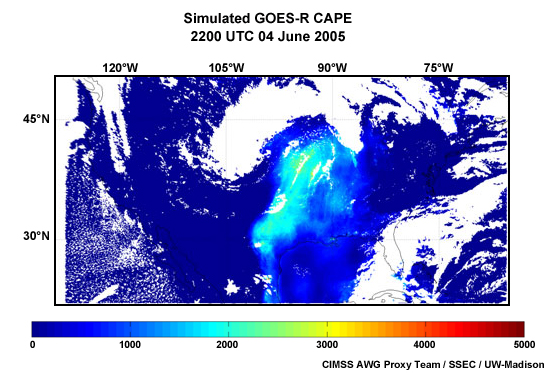A simulated GOES-R ABI derived CAPE (Convective Available Potential Energy) stability index product for 2200 UTC 04 June 2005.