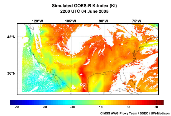 A simulated GOES-R ABI derived KI (K-Index) stability index product for 2200 UTC 04 June 2005.