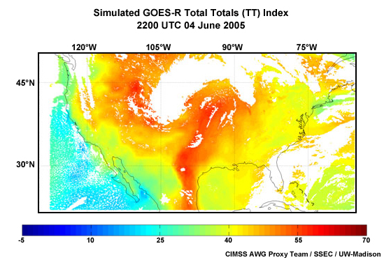 A simulated GOES-R ABI derived TT (Total Totals) stability index product for 2200 UTC 04 June 2005.