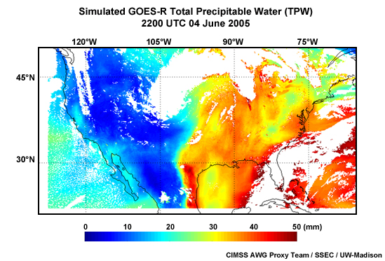 Simulated GOES-R ABI derived TPW (Total Precipitable Water) product for 2200 UTC on June 4, 2005.