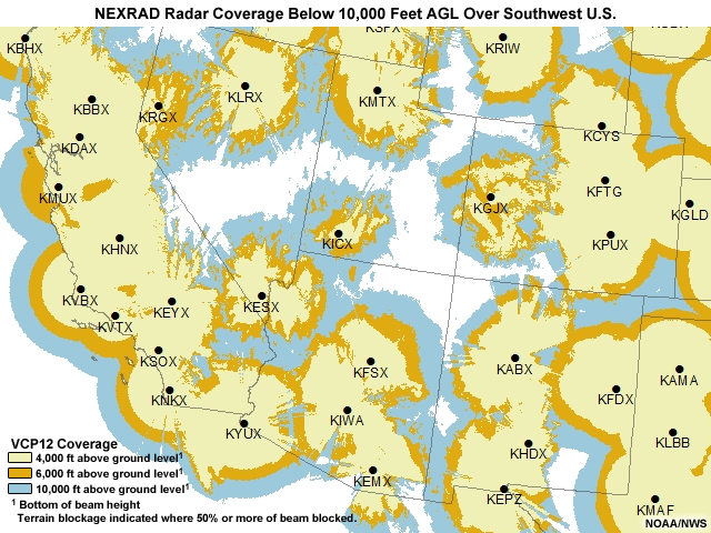 NEXRAD WSR-88D radar coverage over the southwestern United States as of 2011.
