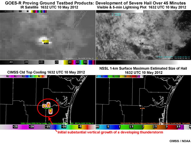 First in a series of four 4-panel images showing the buildup of hail over a 45 minute period.  Products shown include a GOES infrared image, a visible image and 5-minute lightning plot, the CIMSS cloud top cooling product, and NSSL 1-km surface maximum estimated hail size product at 1632 UTC on May 10, 2012.