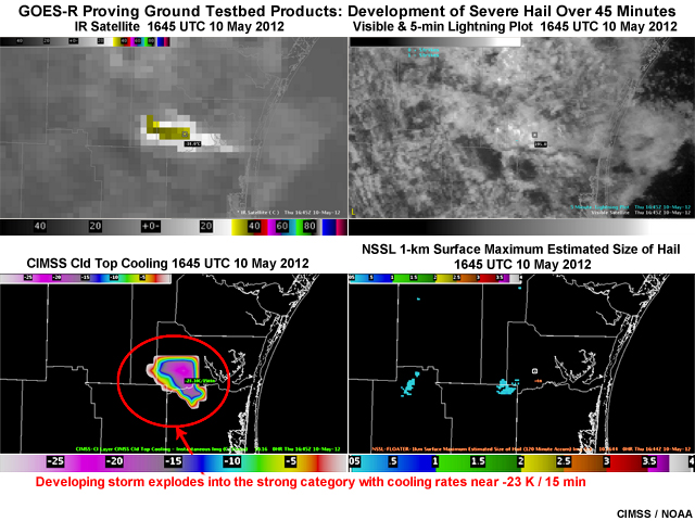 First in a series of four 4-panel images showing the buildup of hail over a 45 minute period.  Products shown include a GOES infrared image, a visible image and 5-minute lightning plot, the CIMSS cloud top cooling product, and NSSL 1-km surface maximum estimated hail size product at 1645 UTC on May 10, 2012.